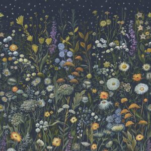 Prataria floral wallpaper features small vibrant flowers on a dark background