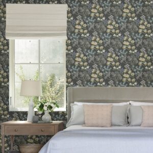 Country style bedroom featuring Cultivate floral wallpaper in grey
