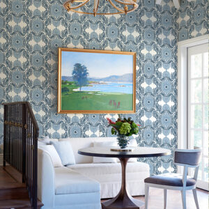 Dining area in a classy home with blue Villa wallpaper which is a modern yet timeless damask repeating pattern