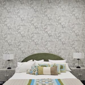 Indigo garden japanese influenced wallpaper in a bedroom