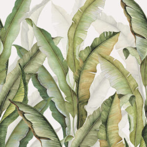Mural featuring large scale palm leaves in green