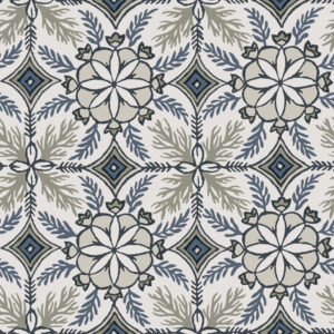 Morocco inspired wallpaper in tiled motif pattern in blue tones