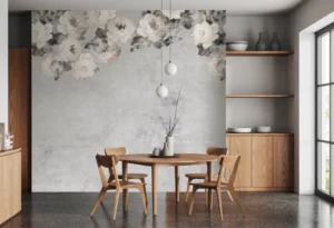 Scandi style dining room with concrete effect wallpaper mural with flowers