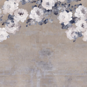 Concrete style wallpaper in taupe with large blooming flowers in white with blue leaves