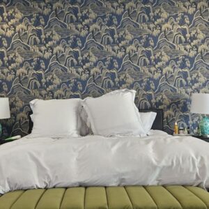 Japanese themed water garden navy wallpaper in bedroom