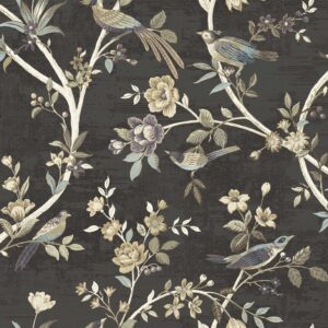 Chinoiserie Garden birds and flowers on branches in black wallpaper