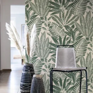 Green palms - Aloes on a linen effect vinyl feature in the tropical modern room