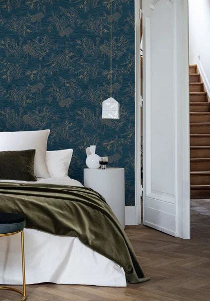 Contemporary bedroom with Mirador wallpaper feature wall