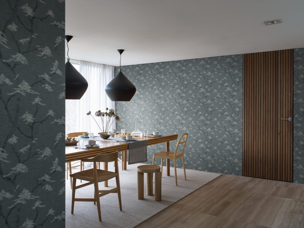 Temple Tree blue Japanese style wallpaper in a dining area