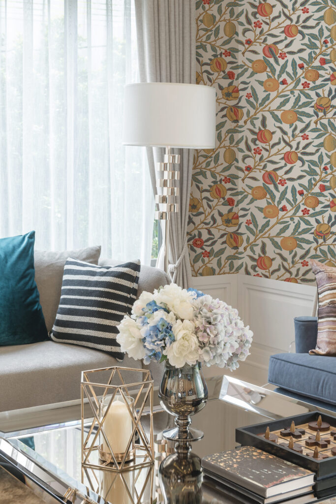 Fruit wallpaper design based on William Morris in a modern Hamptons style lounge
