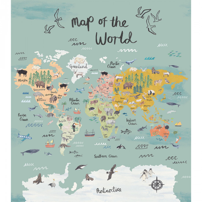 Vagabonder kids world map mural with animals and plenty of detail