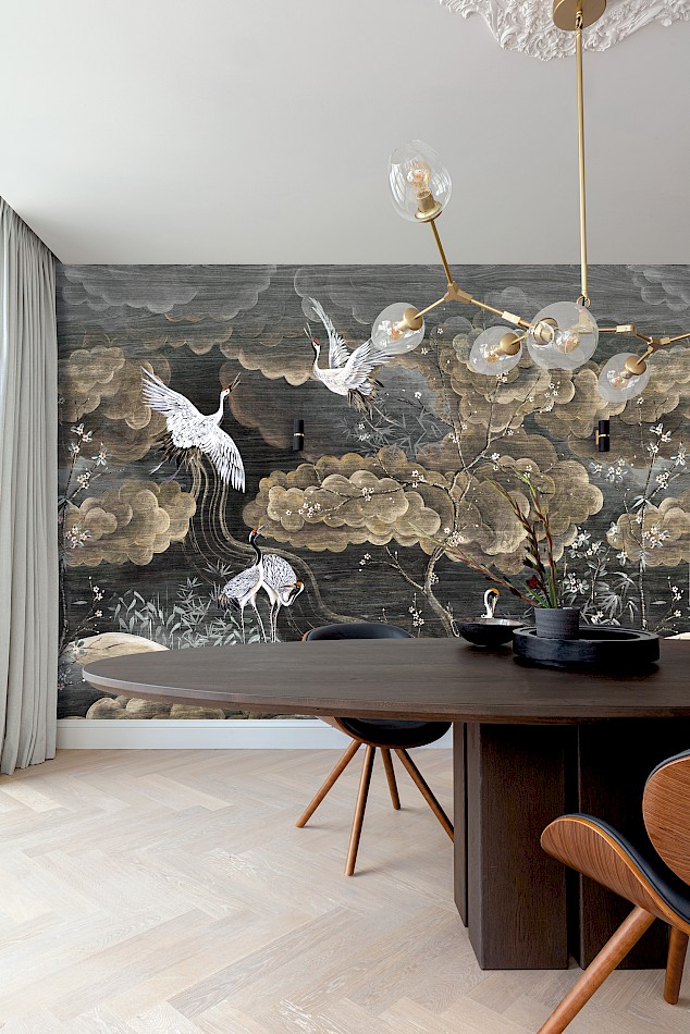 Modern dining room featuring Byobu Japanese style mural of cranes, bamboo and trees