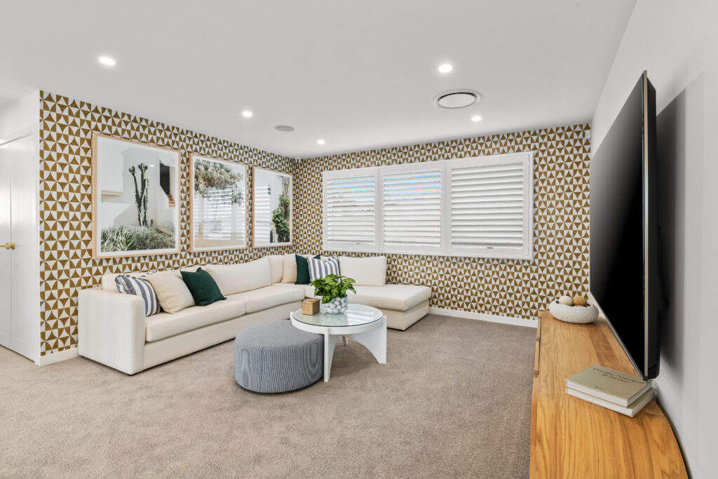 Living room wallpaper on 2 walls for Neptune Homes