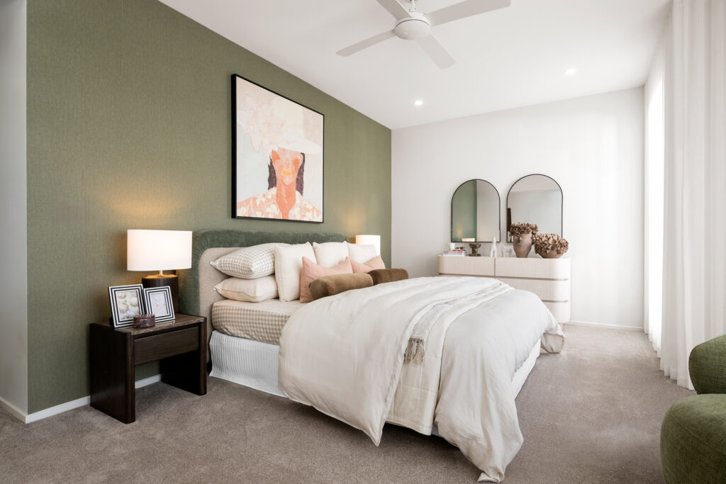 Green textured wallpaper feature wall in Neptune display home