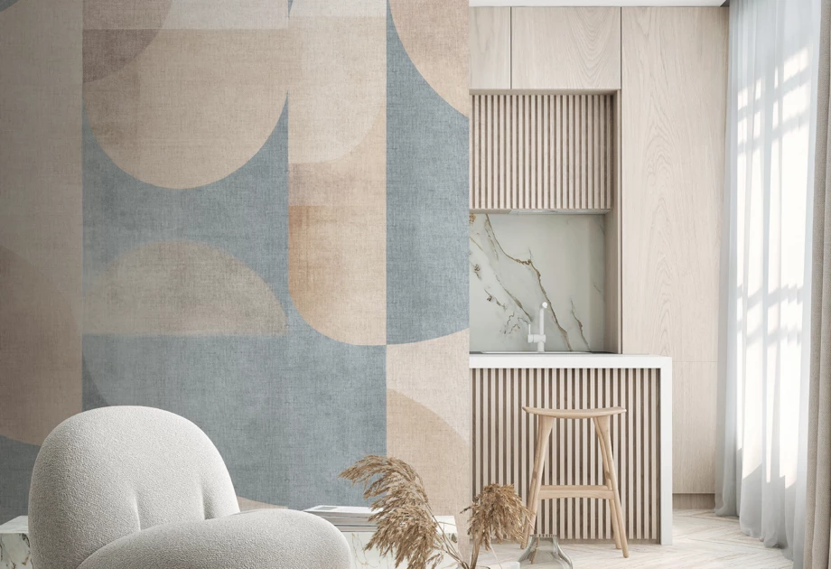 Scandi style kitchen with a geometric mural feature wall
