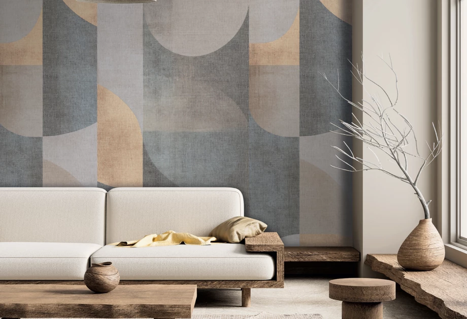 Geometric mural in a country style living room