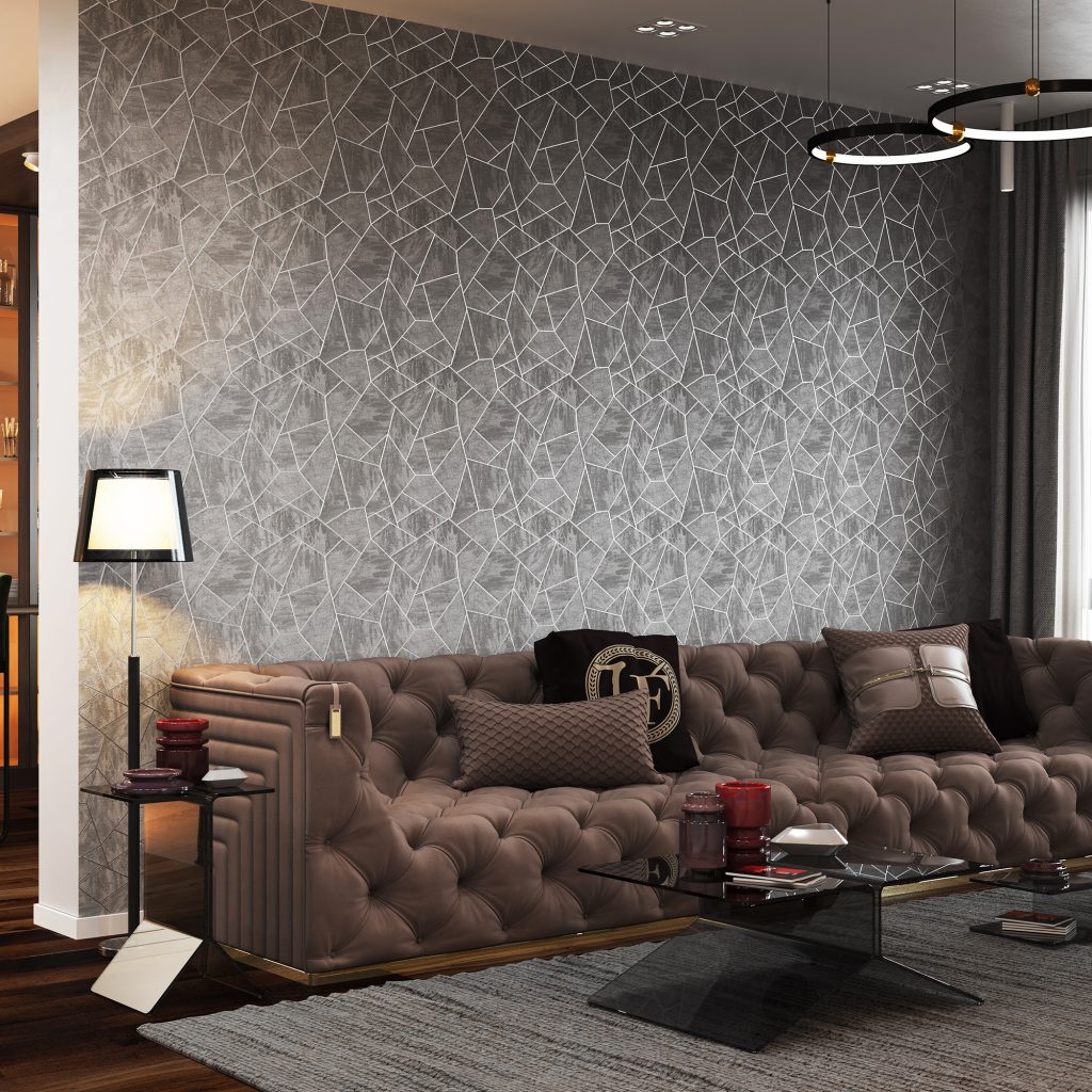 Living room with Graphic abstract shapes wallpaper on a fabric look background