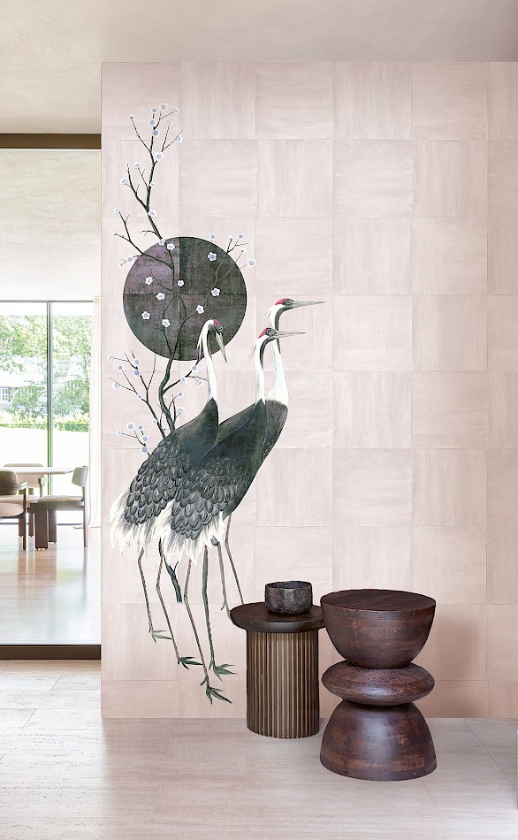 Tsuro crane wallpaper mural in pink in a contemporary room