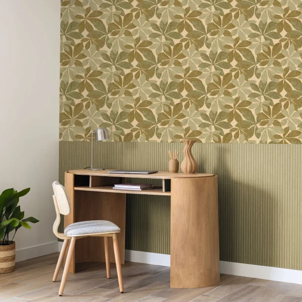 Bushel by Caselio in green seen here as VJ panels in a home office that is actually wallpaper with a leafy wood look wallpaper design above
