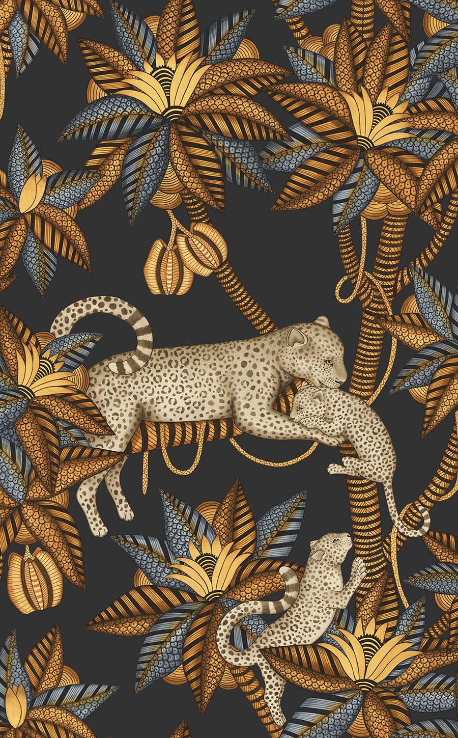 Striking African jungle style wallpaper in black and bronze
