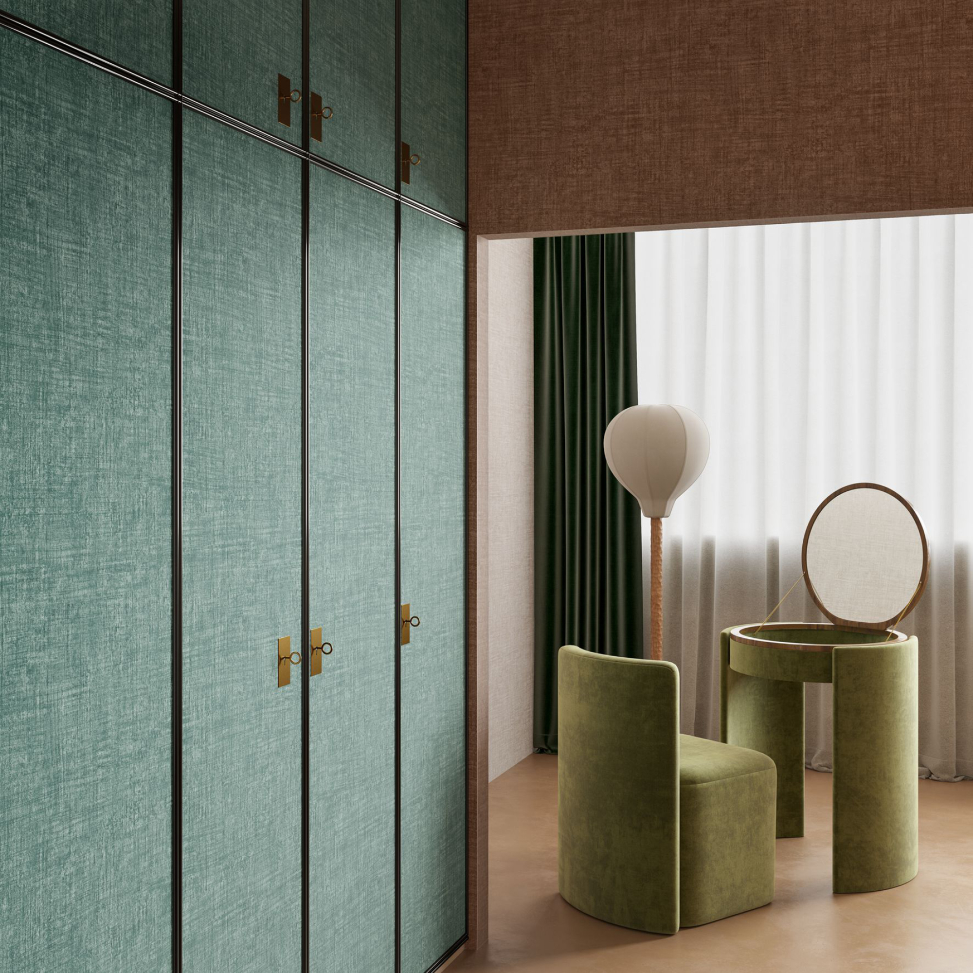 Brushed Suede wallpaepr in teal on wardrobe door fronts in a super contemporary dressing room, walk in robe