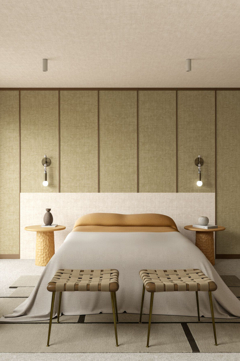 Brushed suede wallpaper in green panels over bedhead of a very modern bedroom