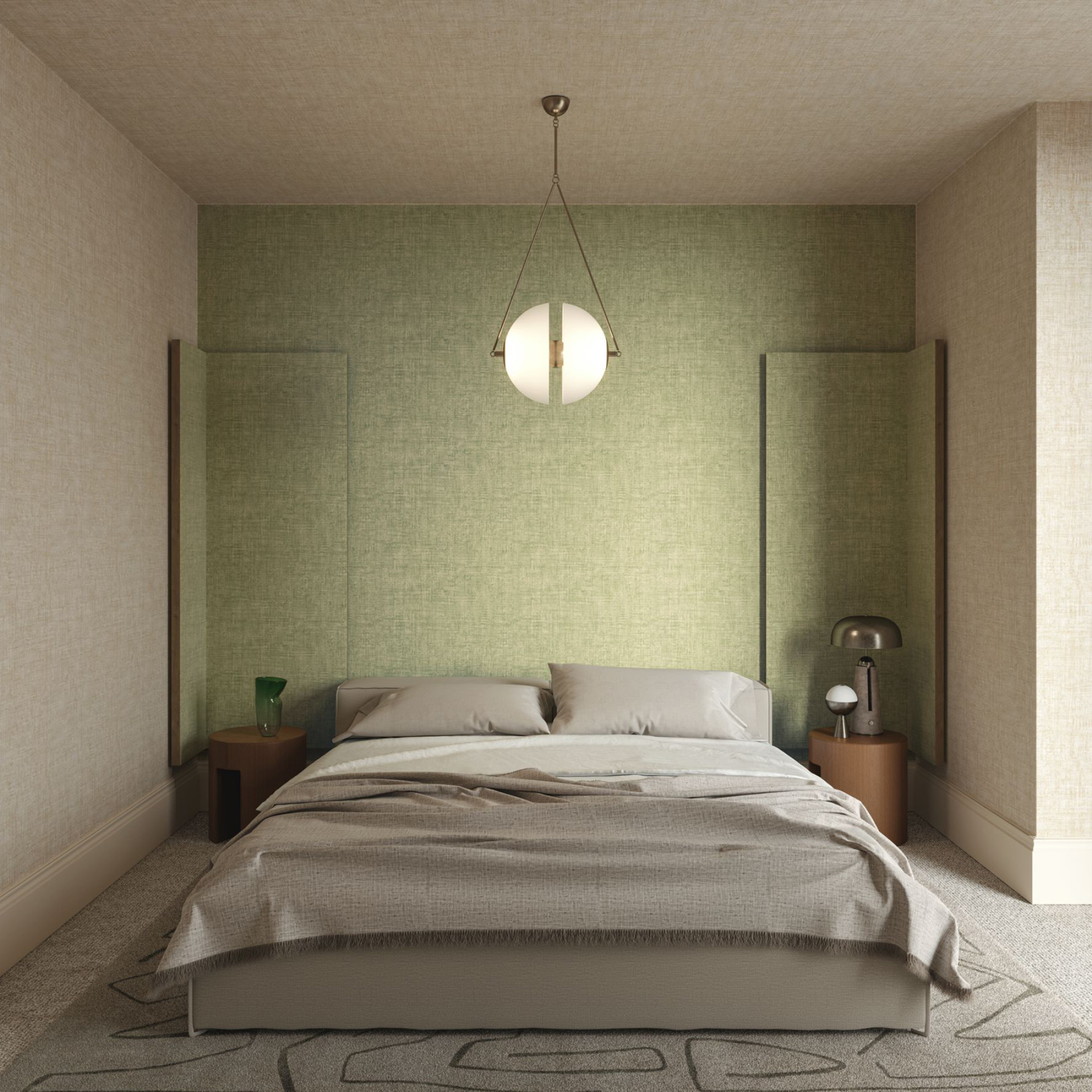 Green suede like wallpaper in a bedroom