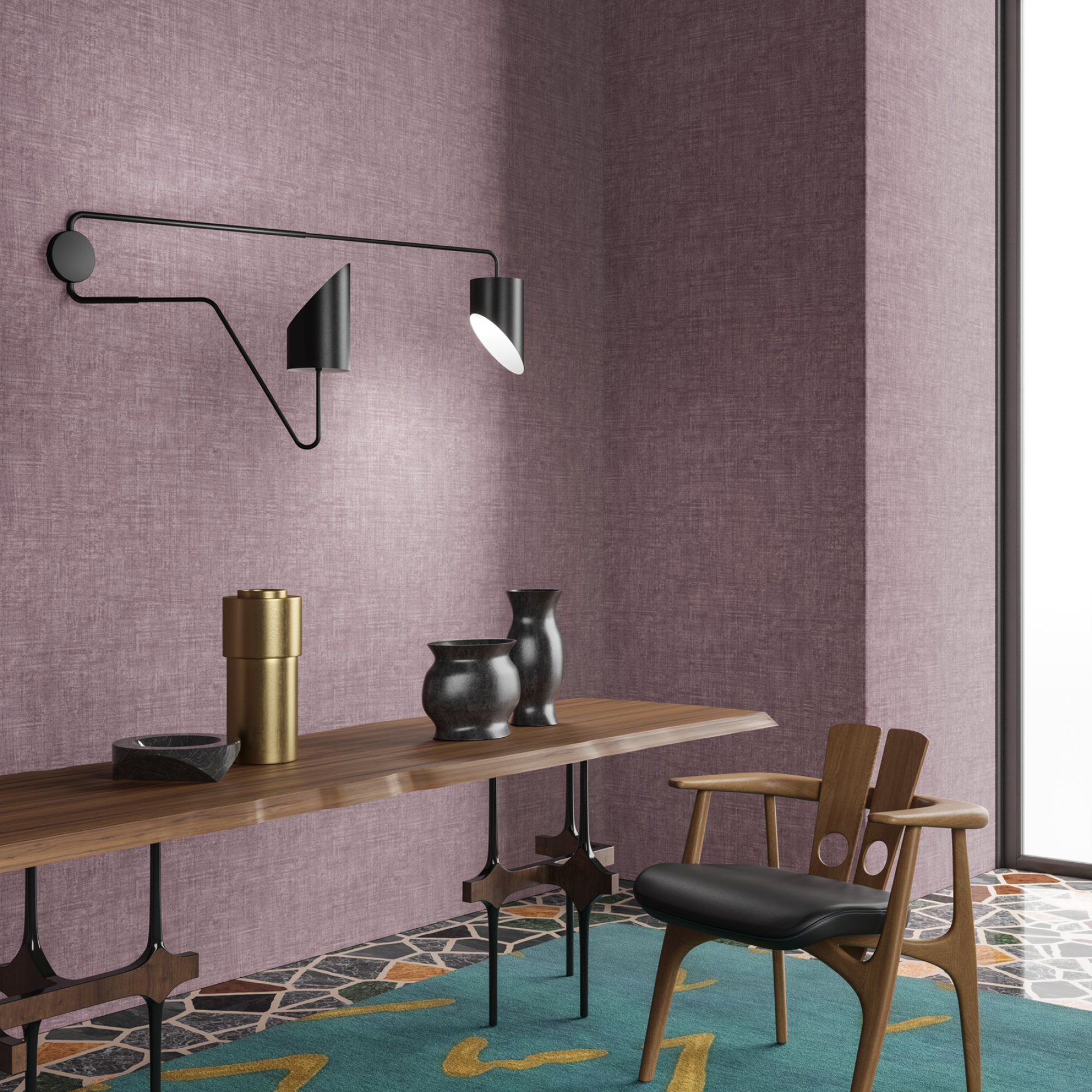 Aubergine coloured wallpaper in a home office set up