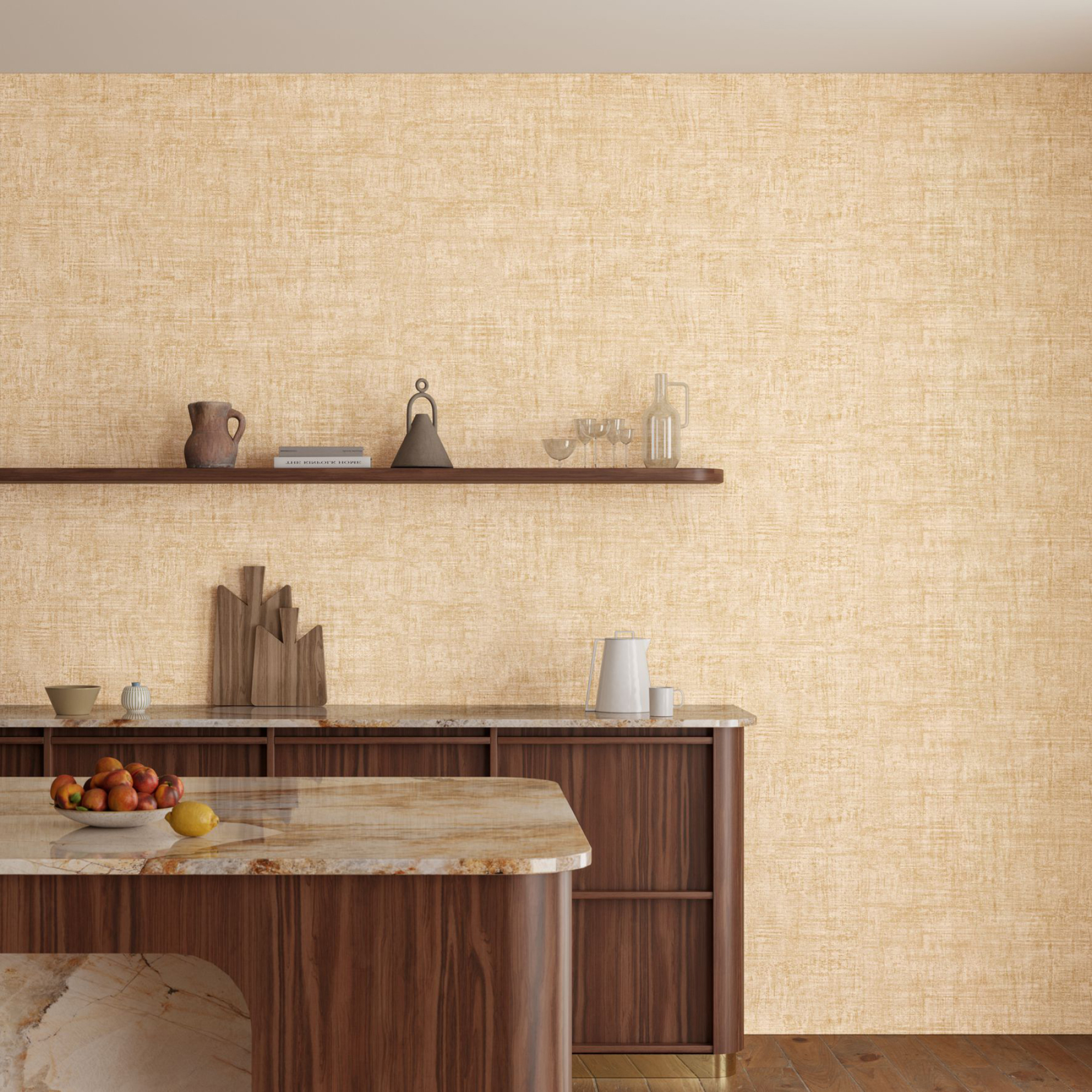 Sandy coloured wallpaper that looks like suede in a mid century modern room with lots of dark timber