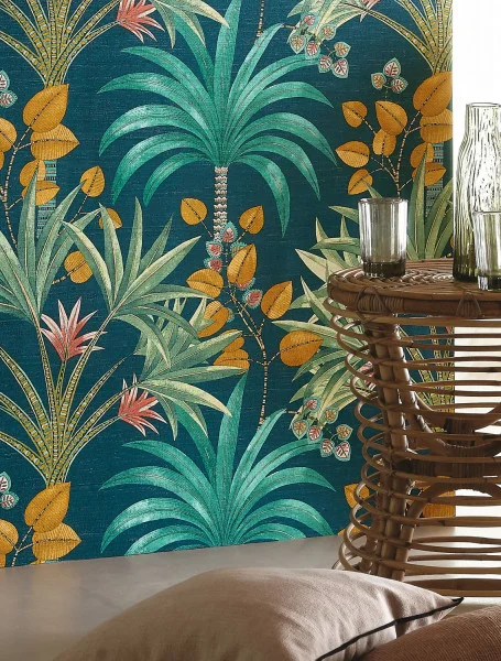 Turquoise tropical palm tree and coconut tree wallpaper in a beachy room