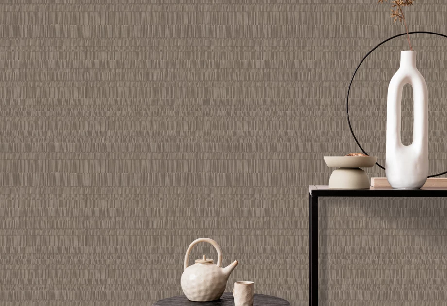 Folded pleat effect organic wallpaper in a taupe shade in Scandi style room shot