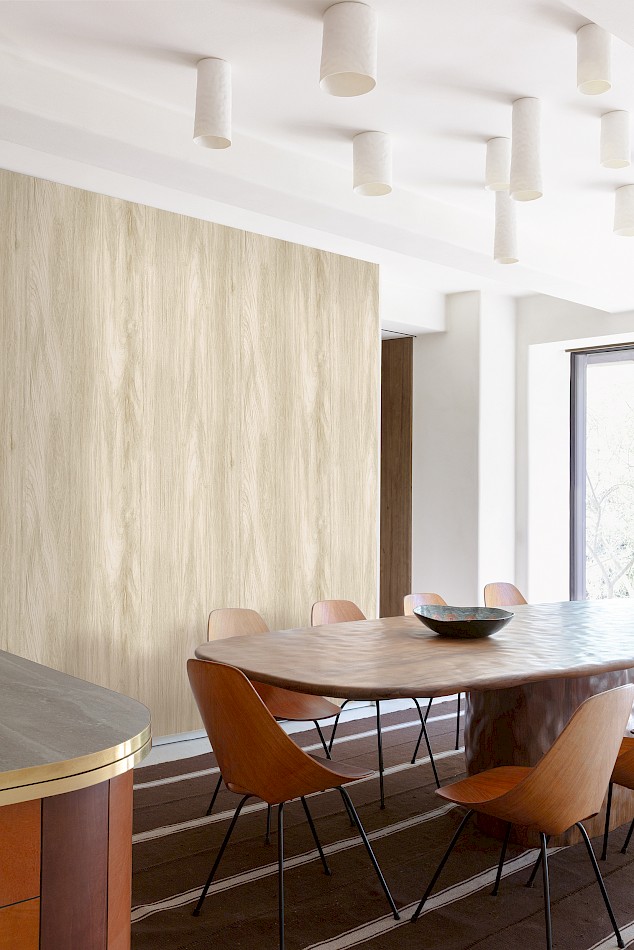 Japanese cedar looking wallpaper in contemporary dining room