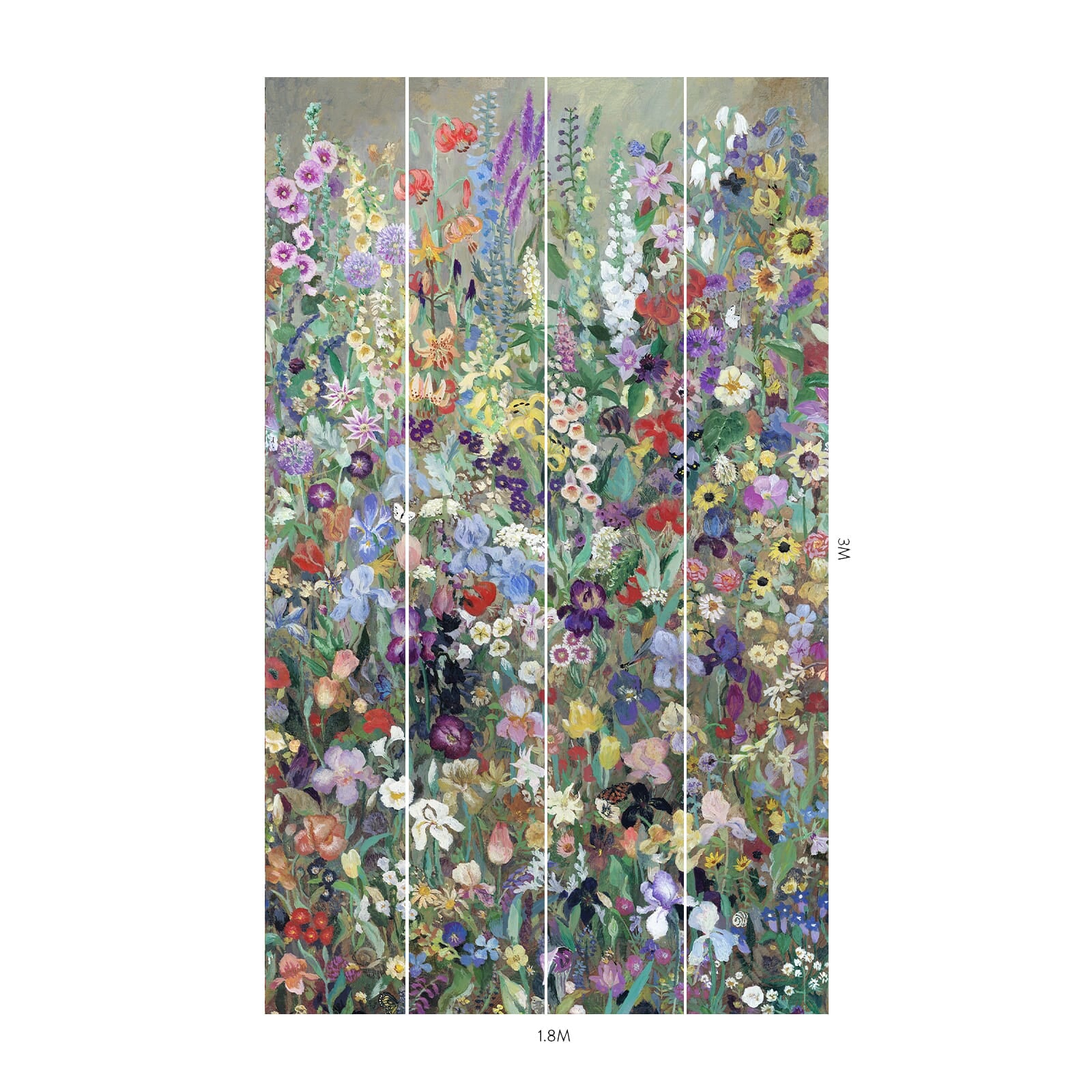 Painterly floral wallpaper mural shown in a 3m drop set out