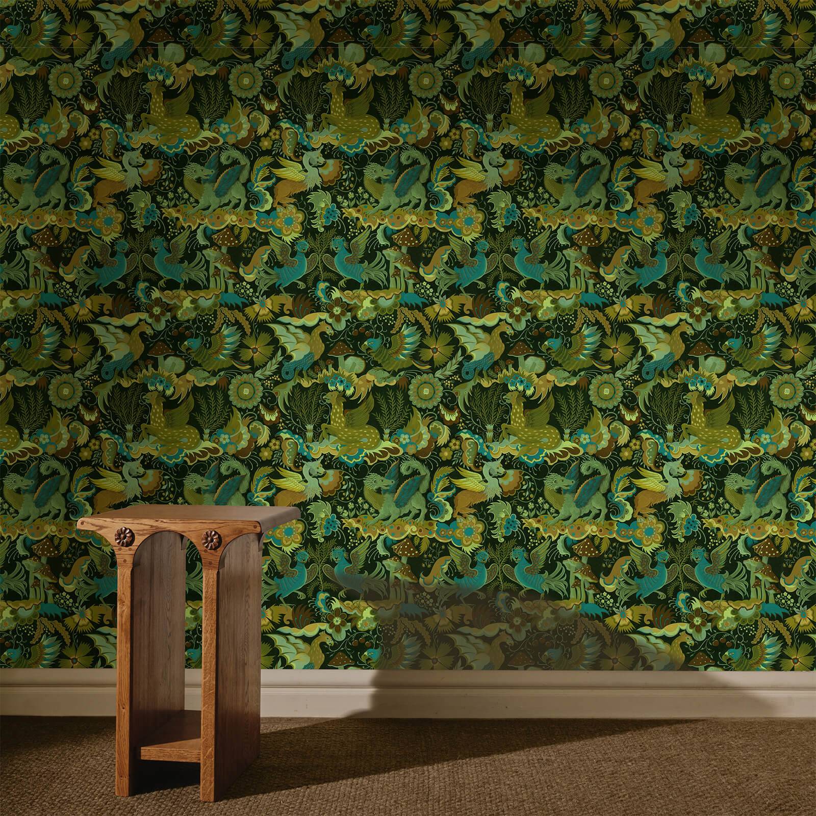 Phantasia emerald green wallpaper on a feature wall