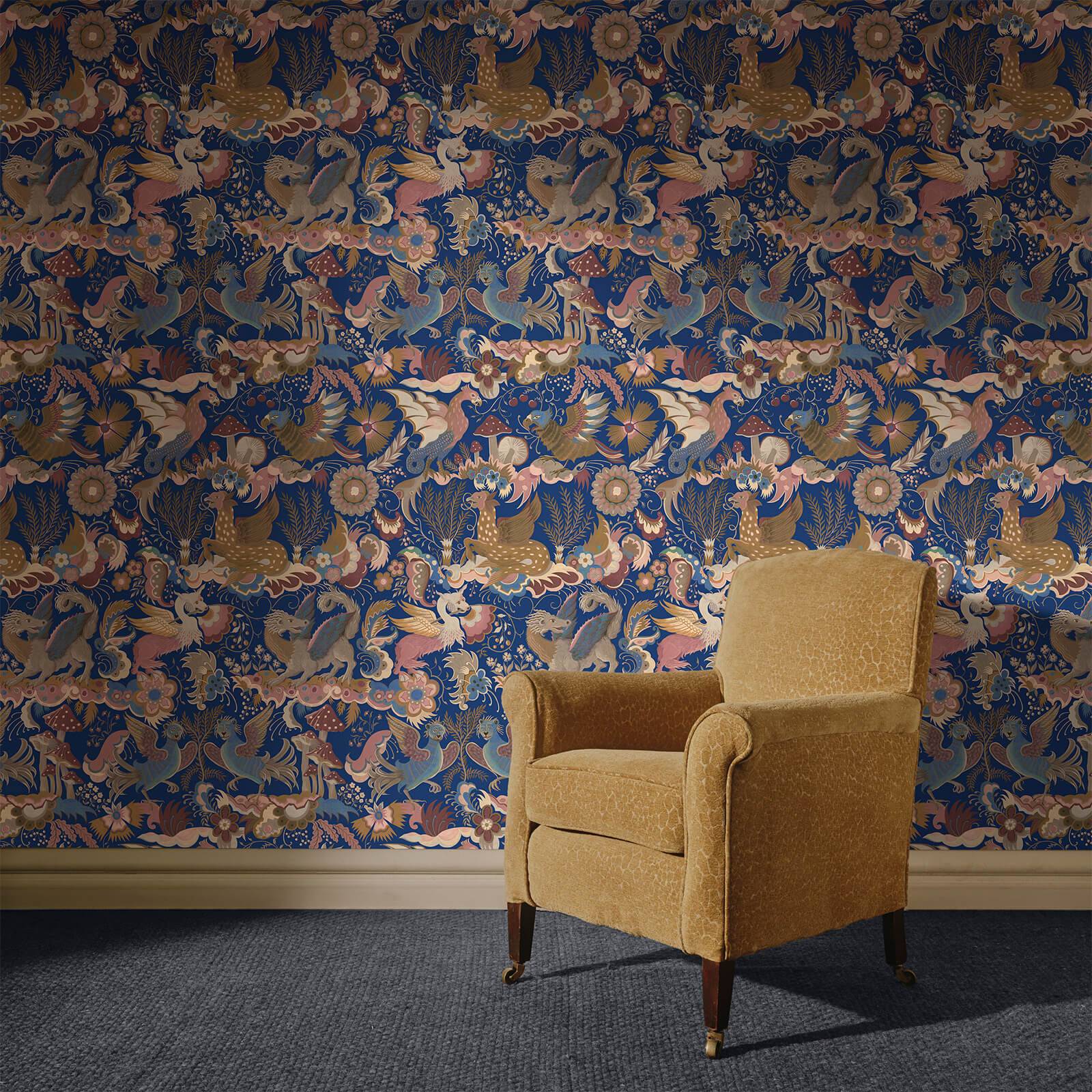 Inspired by a castle gardens this vibrant fun wallpaper sees dragons on a feature wall