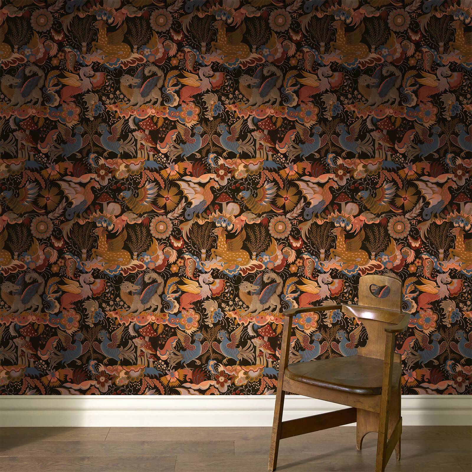 Fantasy wallpaper of dragons and mythical beasts by House of Hackney in orange