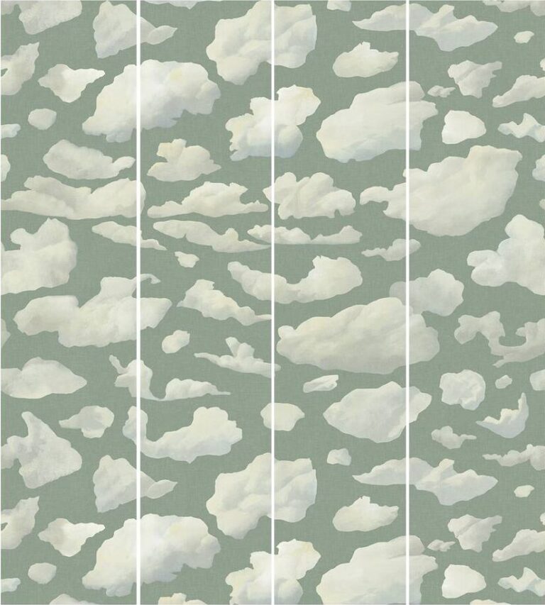Straight matched wallpaper of clouds on sage green background