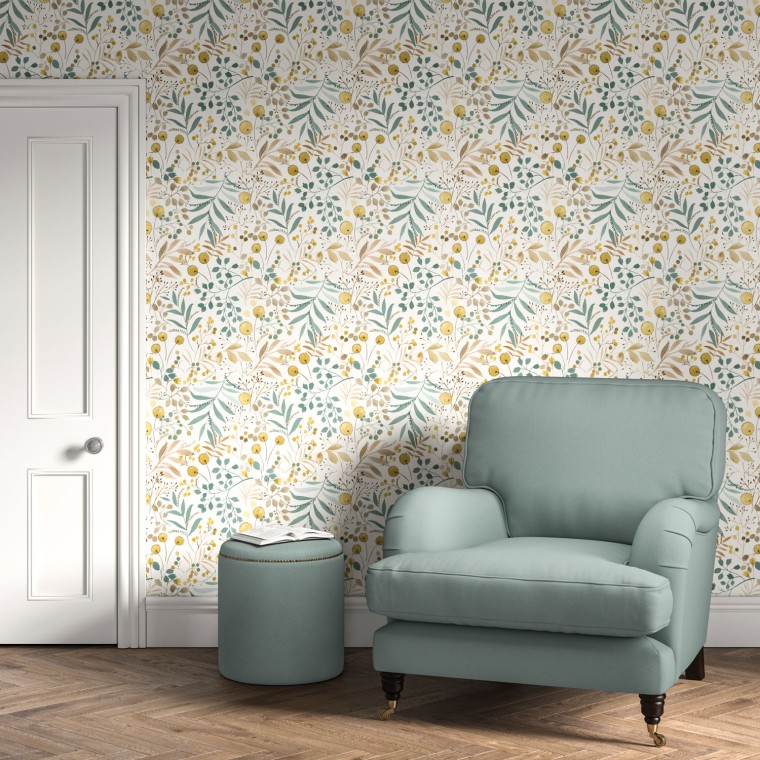 Formal sitting area with feature wall of wallpaper with dandelions and leaves inspired by an English garden