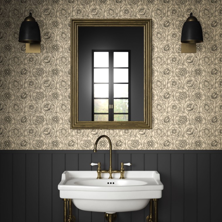 Black timber boards in a bathroom with Lotus wallpaper on a floral trellis