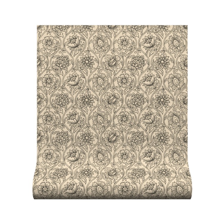 A roll of Lotus wallpaper featuring charcoal ink drawn trellis design on a linen background