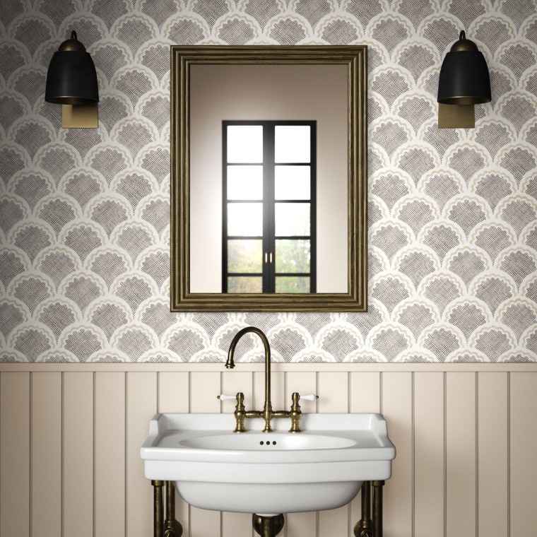 Bathroom with fan like wallpaper hand drawn design