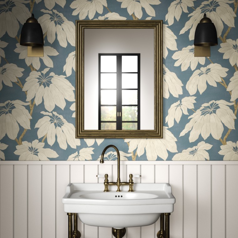Powder room wallpaper ina traditional style with leafy wallpaper in blue