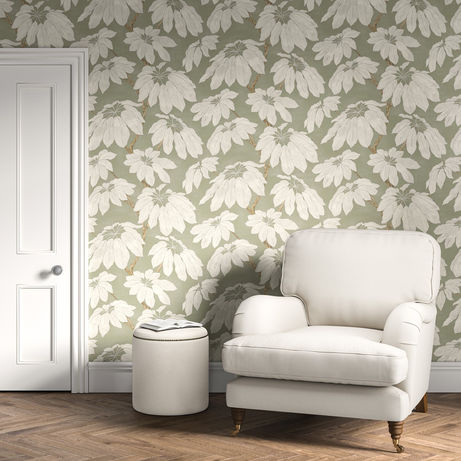 Sage green floral wallpaper of white leaves on branches in large size