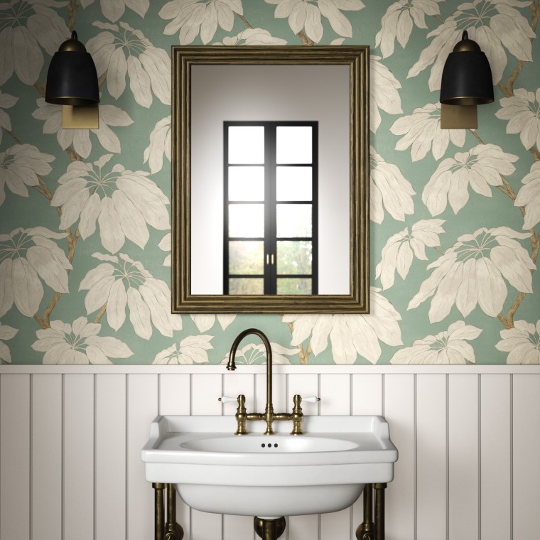 Pondicherry large leafy relaxed wallpaper pattern in a bathroom