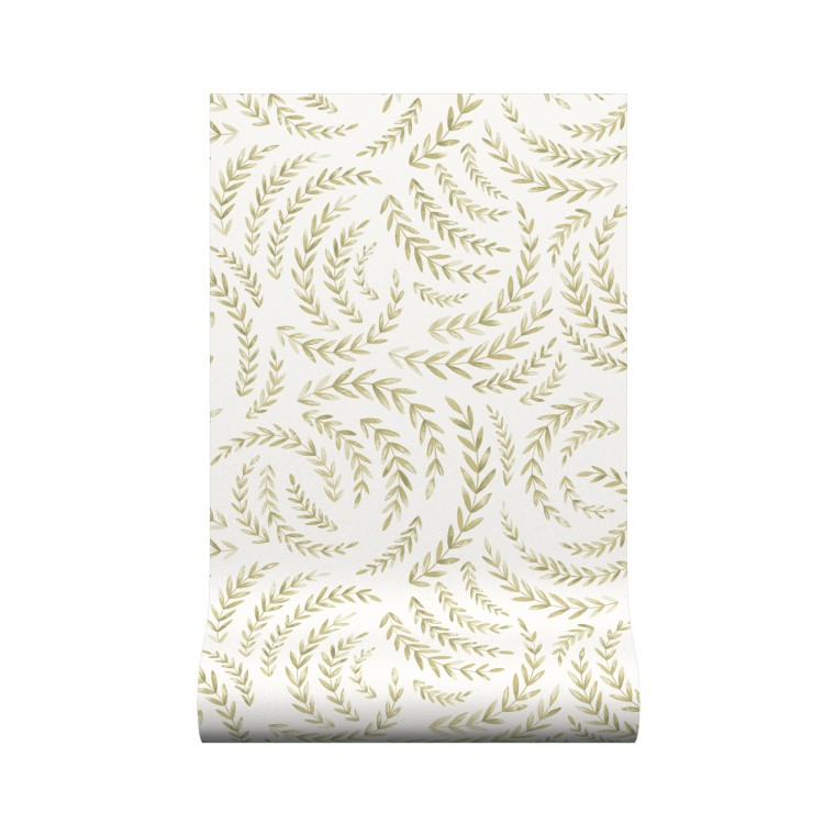 A roll of Shida wallpaper featuring green leaf in watercolour hand painted