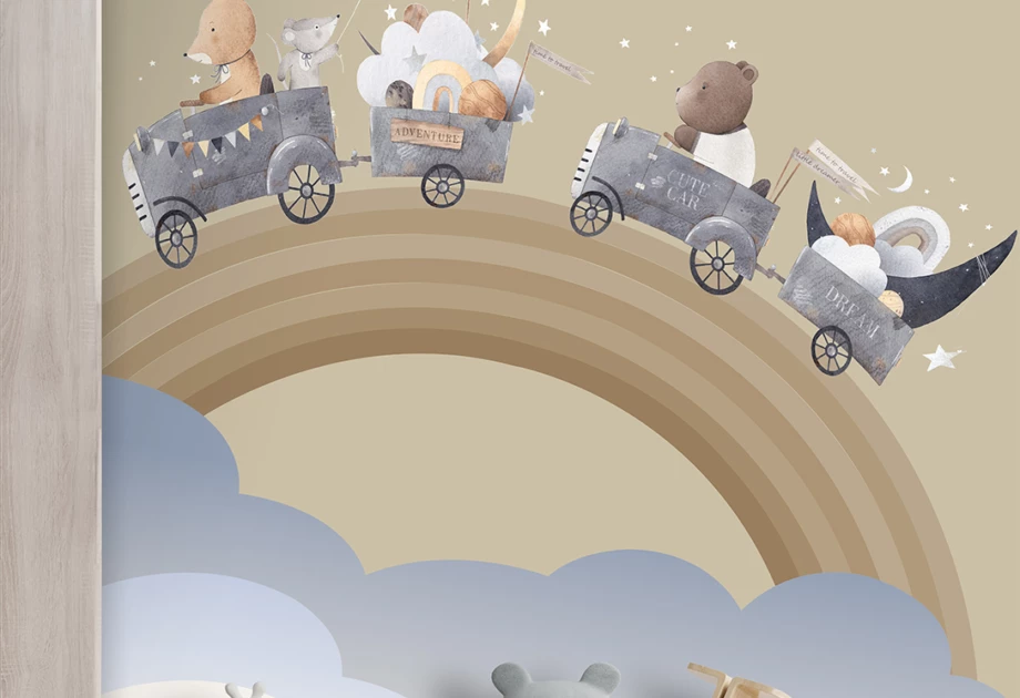 A young childs room with mural of cute animals traveling over the rainbow in cars