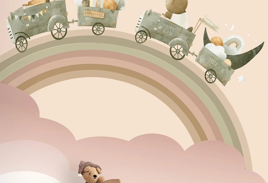 Rainbow mural in a kids room with cars and animals traveling the rainbow