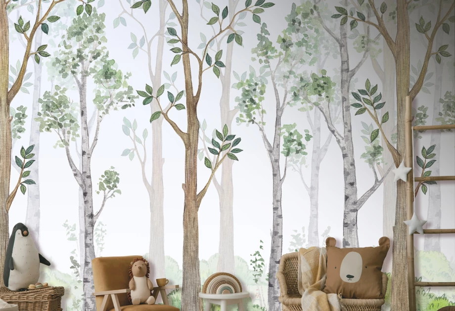 Children's bedroom with a forest mural