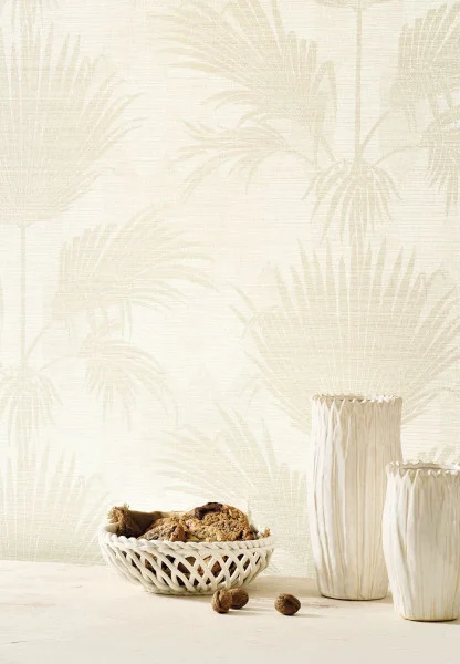 Tone on tone off white wallpaper with palms