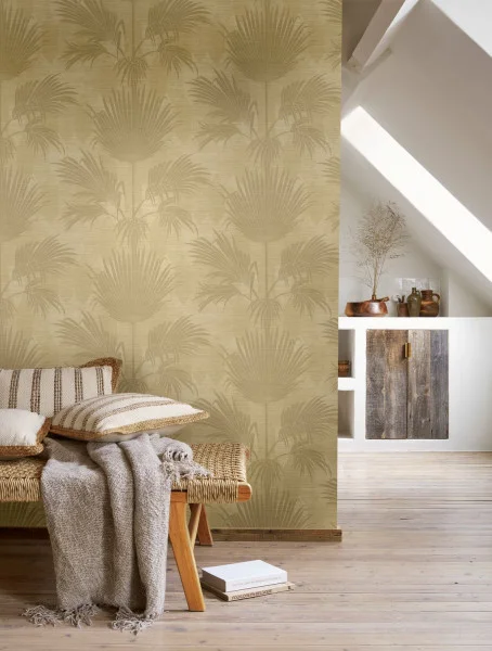 Art Deco style palm leaf wallpaper on a feature wall